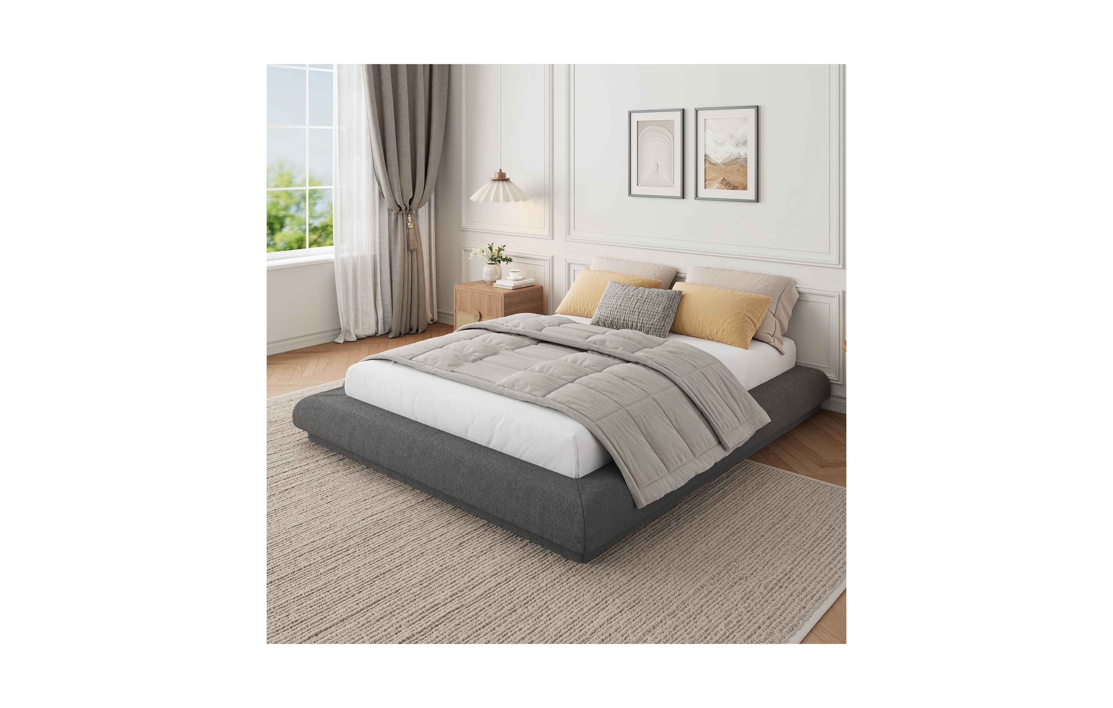 homfan Full Size Upholstered Platform Bed Frame with Cloud-Inspired Design, Lamb Wool, Metal Slats, No Box Spring Required