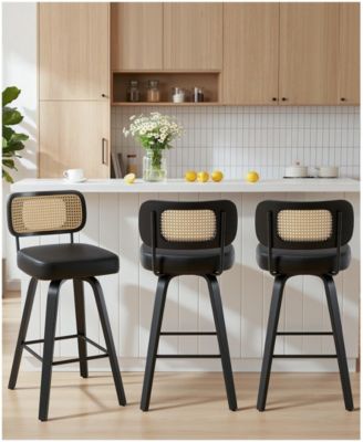 29" Mid-Century Swivel Bar Height Bar Stools, Rattan Back and Faux Leather Kitchen Stools