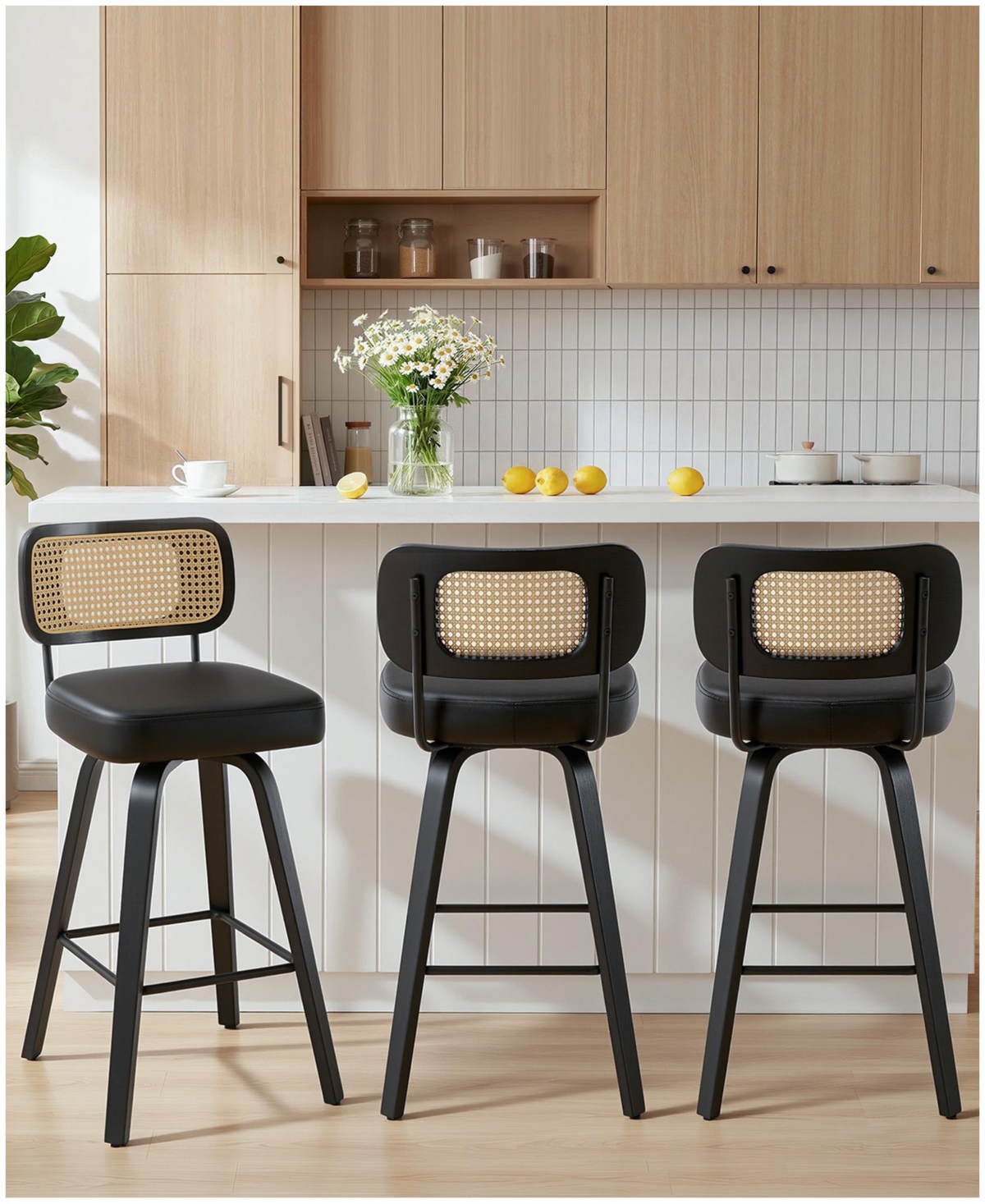 Bekrvio 29" Mid-Century Swivel Bar Height Bar Stools, Rattan Back and Faux Leather Kitchen Stools - Rattan black