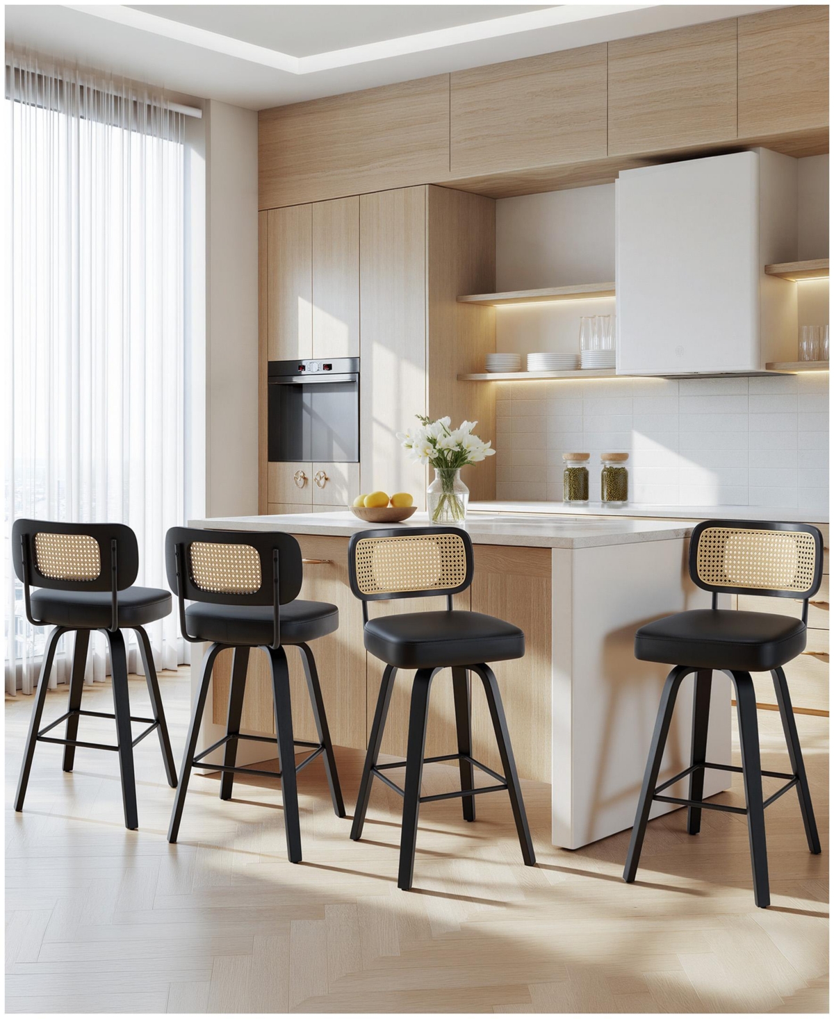Bekrvio 29" Mid-Century Swivel Bar Height Bar Stools, Rattan Back and Faux Leather Kitchen Stools - Rattan black