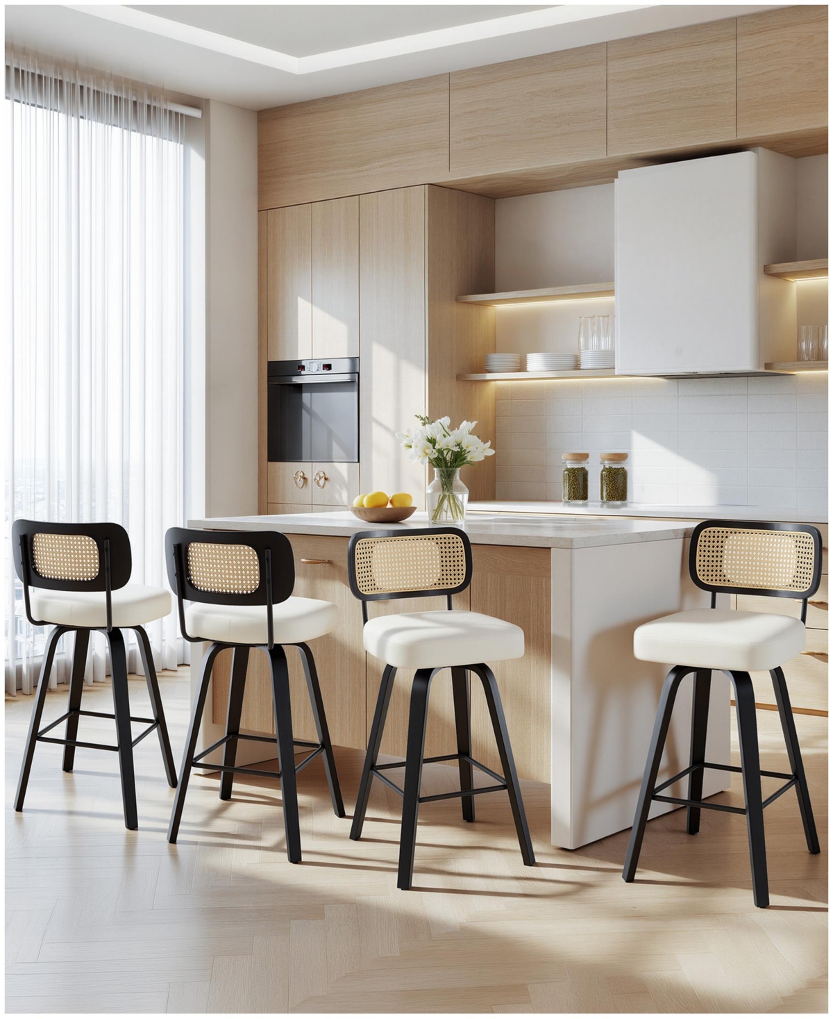 Bekrvio 29" Mid-Century Swivel Bar Height Bar Stools, Rattan Back and Faux Leather Kitchen Stools - Rattan white