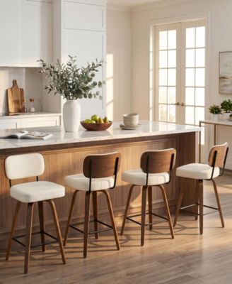 29" Swivel Bar Stool, PU Leather Back with Footrest and Solid Wood Frame, Bar Height for Kitchen Island, Mid-Century Modern