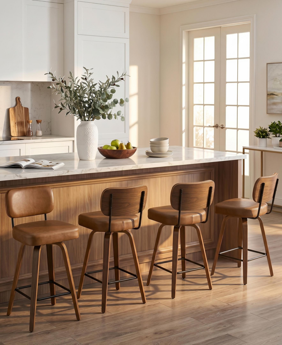 Bekrvio 29" Mid-Century Swivel Bar Height Bar Stool, Faux Leather Kitchen Stool - Pu brown