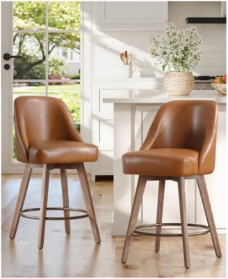 29" Mid-Century Swivel Bar Height Bar Stool, Faux Leather Kitchen Stool