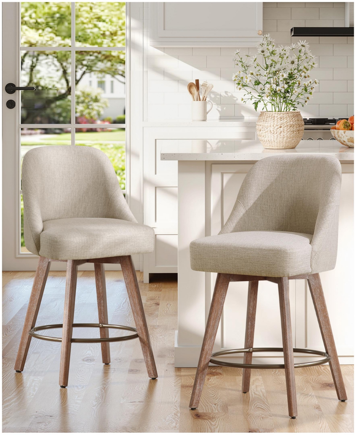 Bekrvio 26" Mid-Century Swivel Counter Height Bar Stools, Upholstered Linen and Pu Leather Kitchen Stools