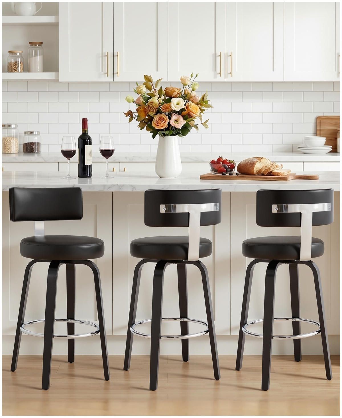 Bekrvio 29" Mid-Century Swivel Bar Height Bar Stools, Faux Leather Kitchen Stools - Black