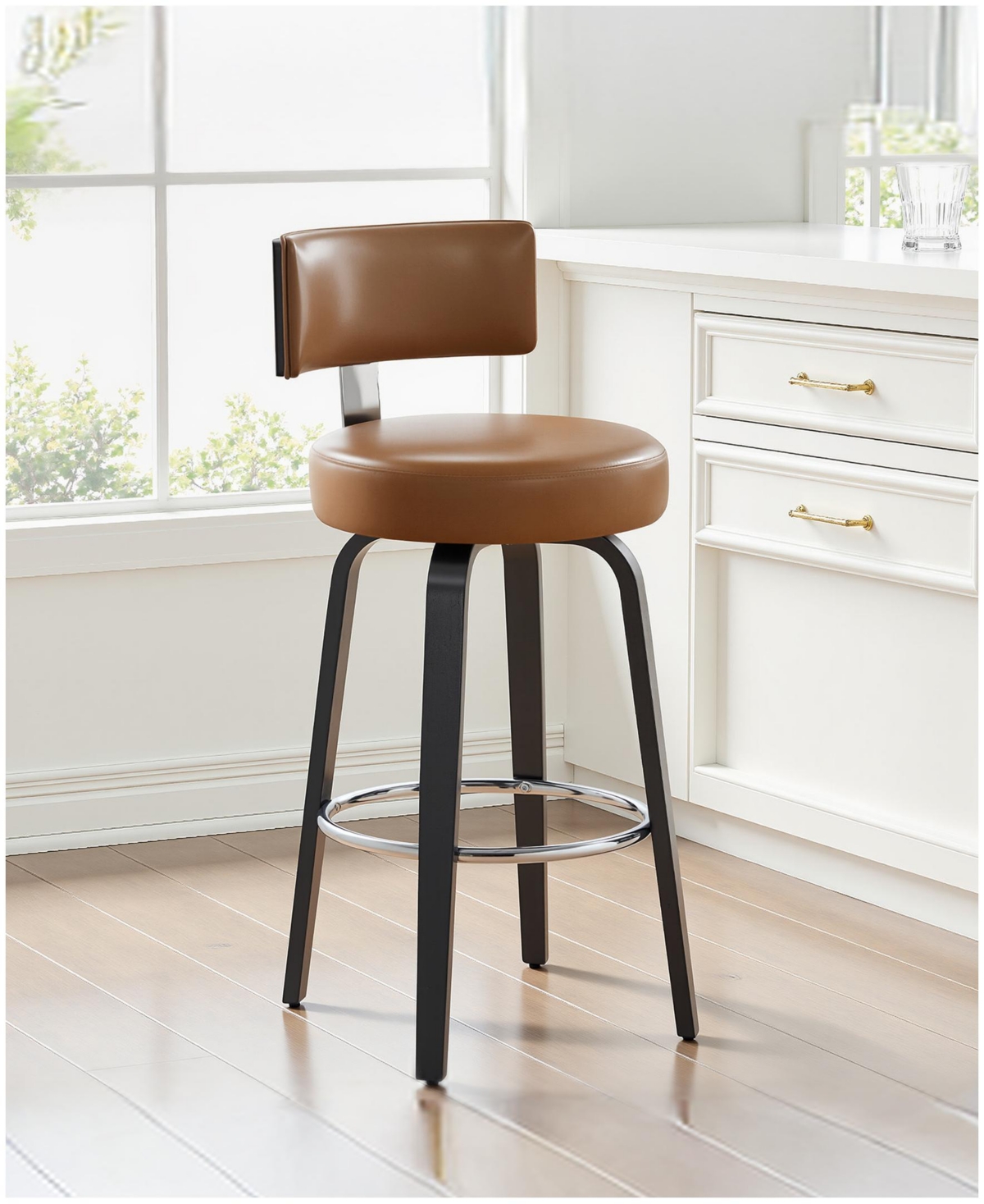 Bekrvio 29" Mid-Century Swivel Bar Height Bar Stools, Faux Leather Kitchen Stools - Brown