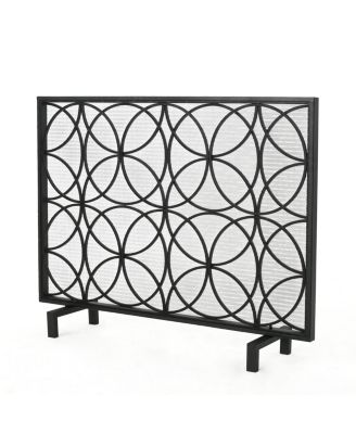 Modern Single Panel Fireplace Screen with Iron Frame and Overlapping Circle Design
