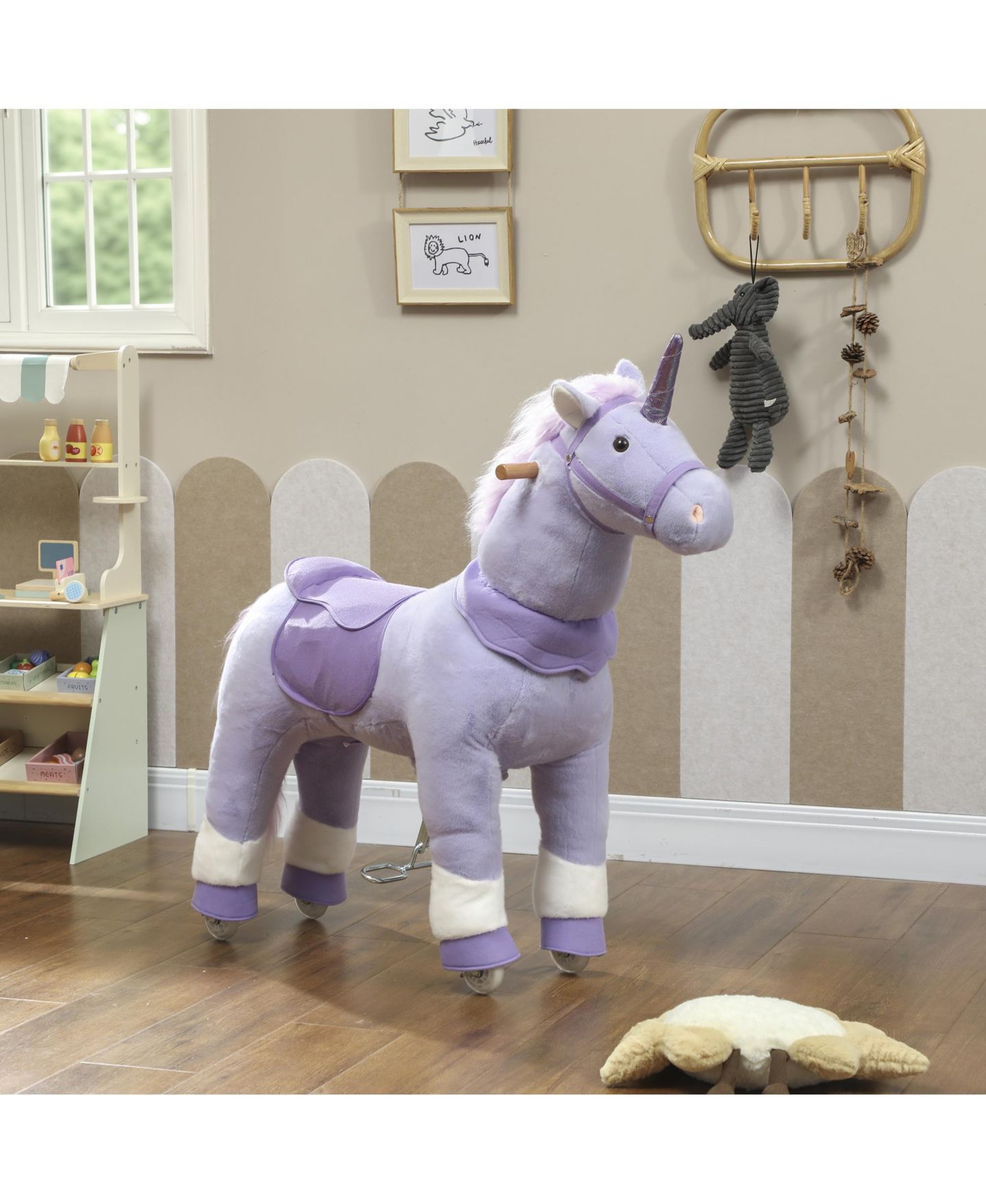 Детская мягкая игрушка Glintex Ride On Unicorn Toy for Kids 4-7, 37.8 in Plush Rocking Horse with Wheels and Pedal Drive, No Batteries Required, цвет: Фиолетовый — фото 9