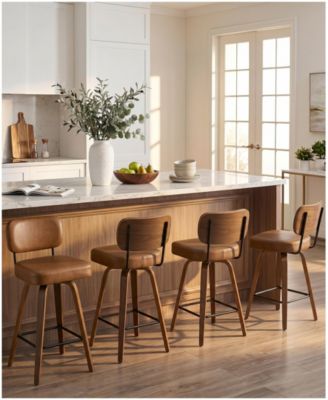 26" Mid-Century Swivel Counter Height Bar Stools, Upholstered Linen and PU Leather Kitchen Stools
