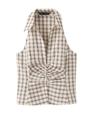Women's Plaid Ruched V-Neck Blouse