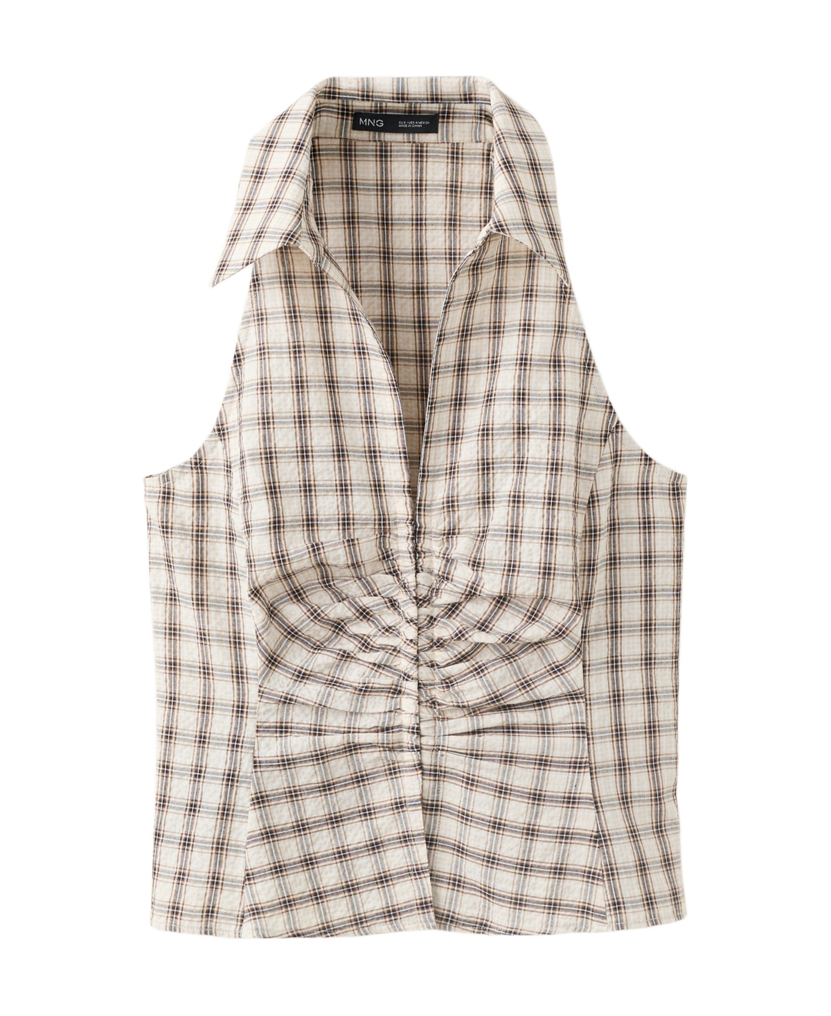 Mango Women's Plaid Ruched V-Neck Blouse