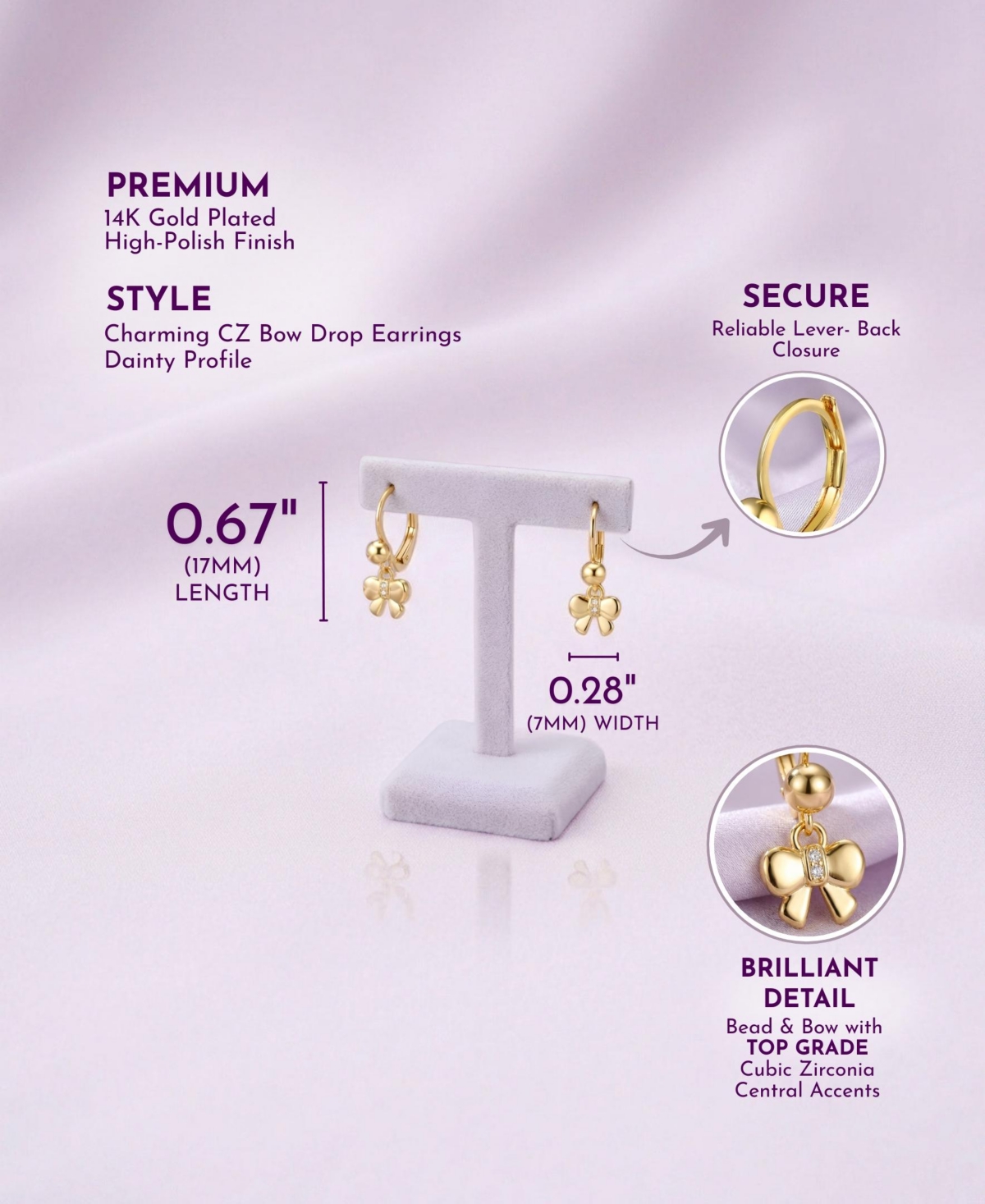 14k Yellow Gold Plated Bow Dangling earrings with Red Cubic Zirconia For Kids