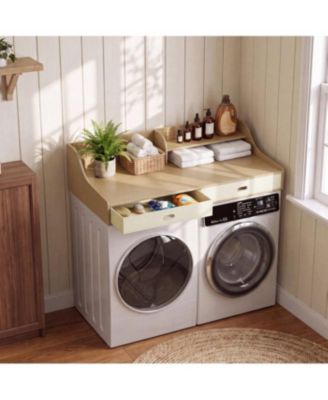 3 Tier Washer Dryer Countertop with Drawers, 3-Tier Laundry Room Organizer, Waterproof Wood Topper