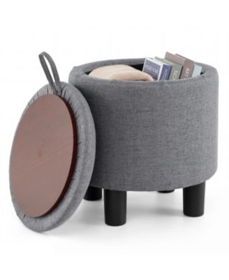Round Storage Ottoman Linen Fabric Upholstered Footrest Stool