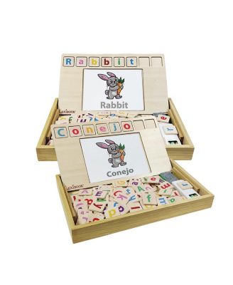 Bio Toys Word School, bilingual Spanish/English, wooden game, 50 word cards, alphabet, educational game