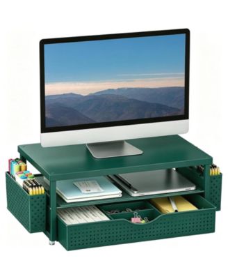 Monitor Stand With Sliding Drawer Dual Pen Holders Desk Organizer Riser