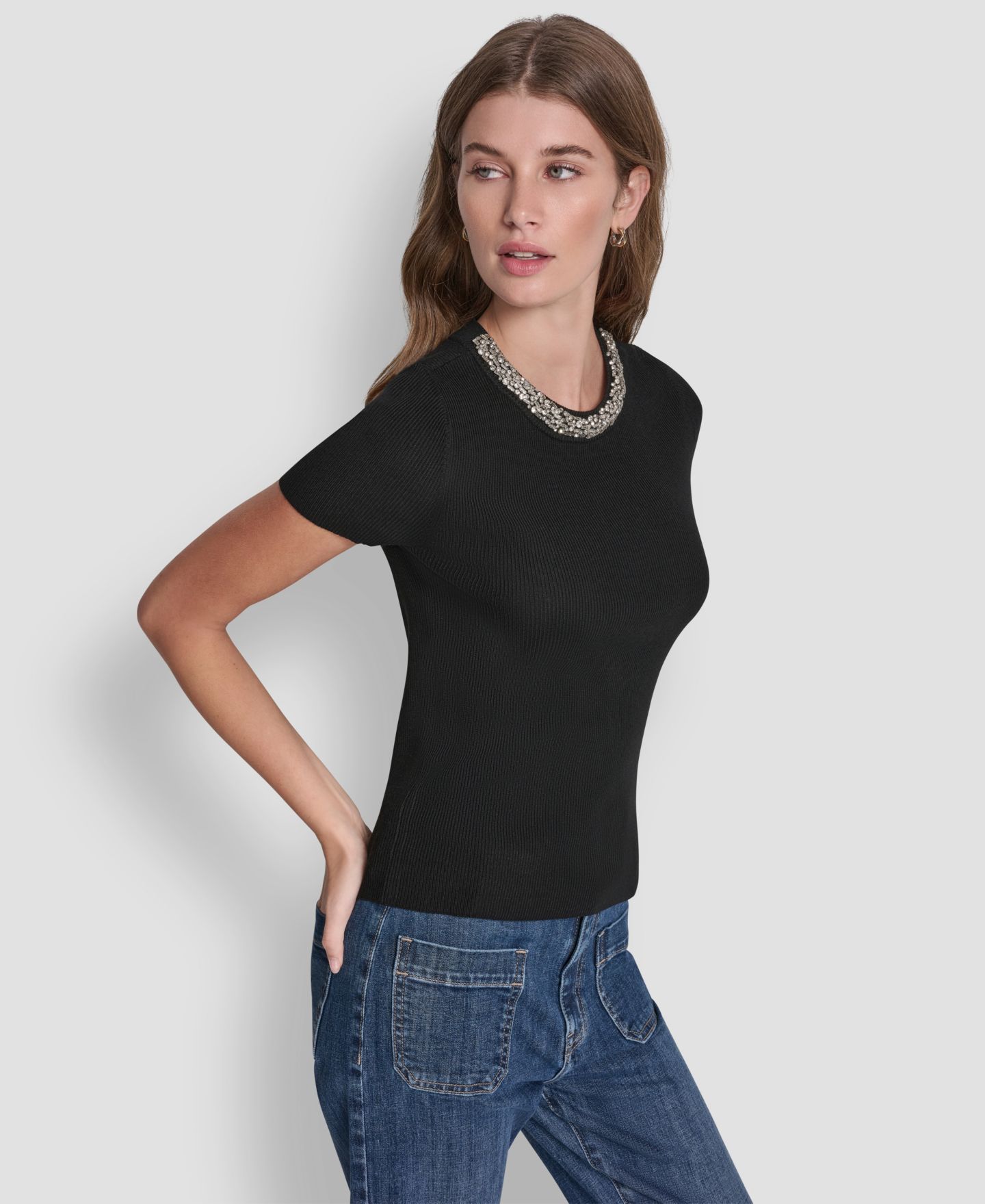 Женский свитер DKNY Jeans Petite Embellished Ribbed-Knit Short-Sleeve Crewneck, цвет: Чёрный — фото 3