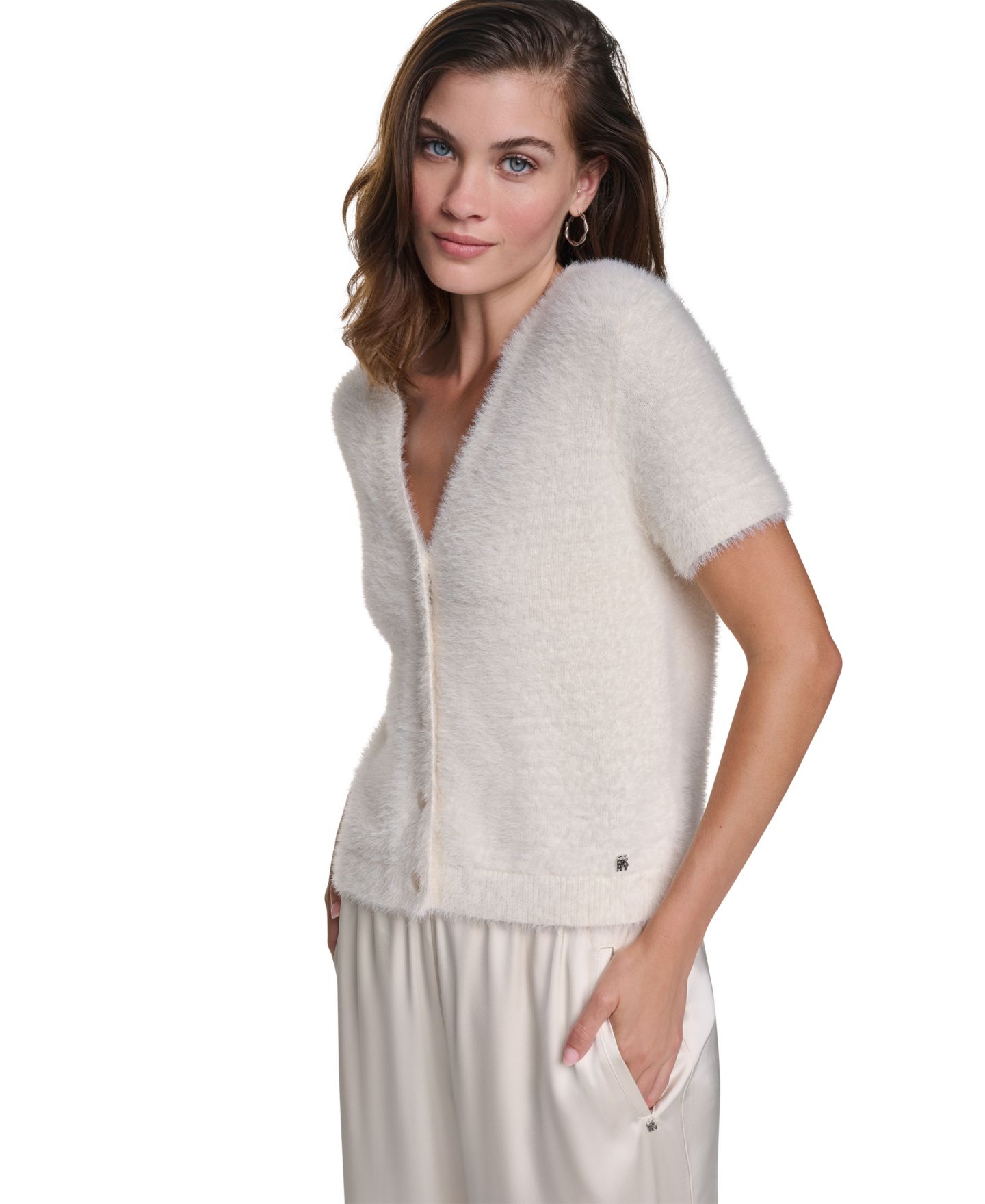 Женский кардиган DKNY Jeans Petite Short-Sleeve Brushed-Knit Fitted, цвет: Сливочный — фото 7