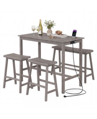 4 Piece Counter Height Dining Table Set with Power Outlet Solid Rubber Wood Kitchen Table