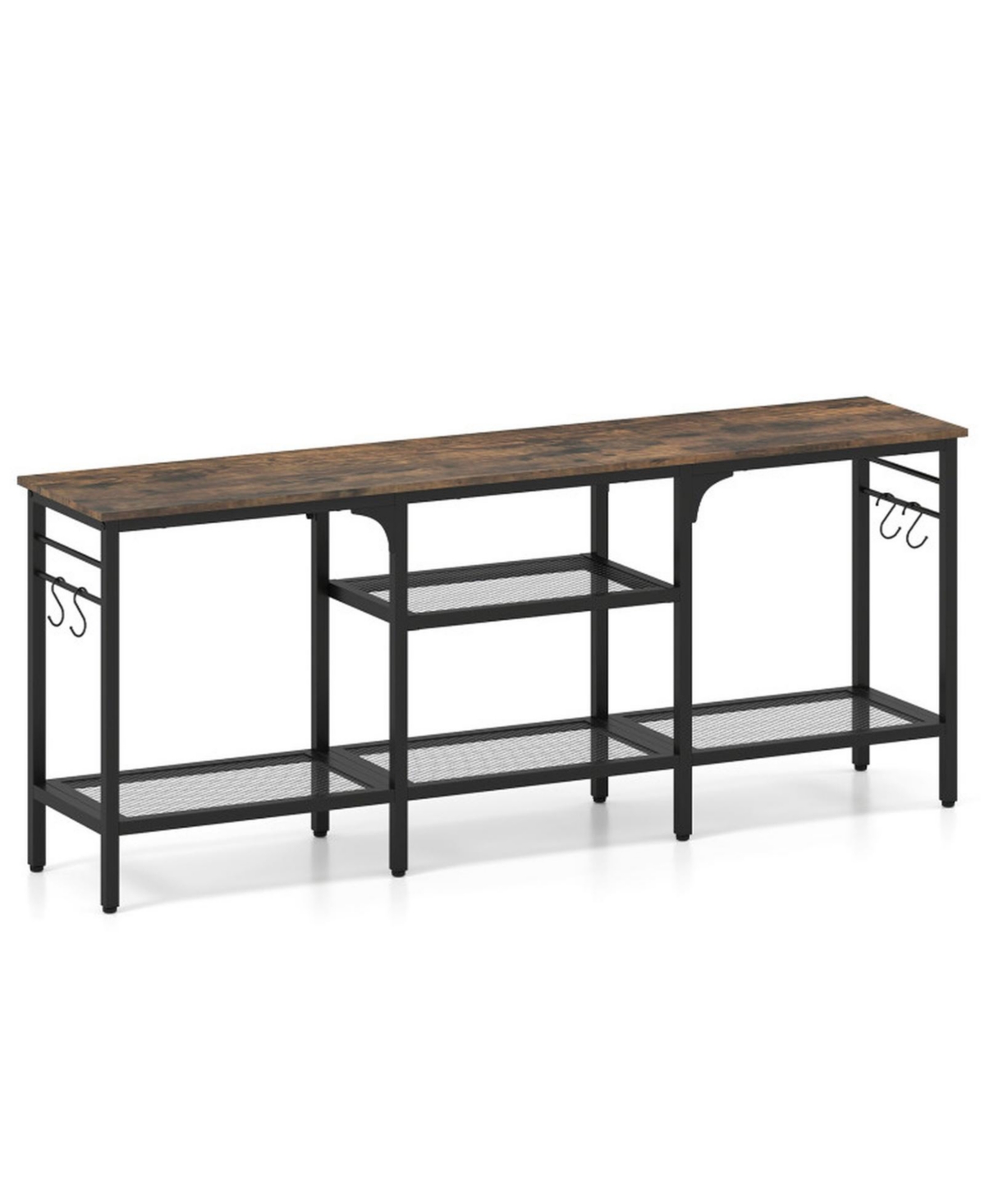 Gouun Industrial Tv Stand with Open Shelves and Storage Hooks