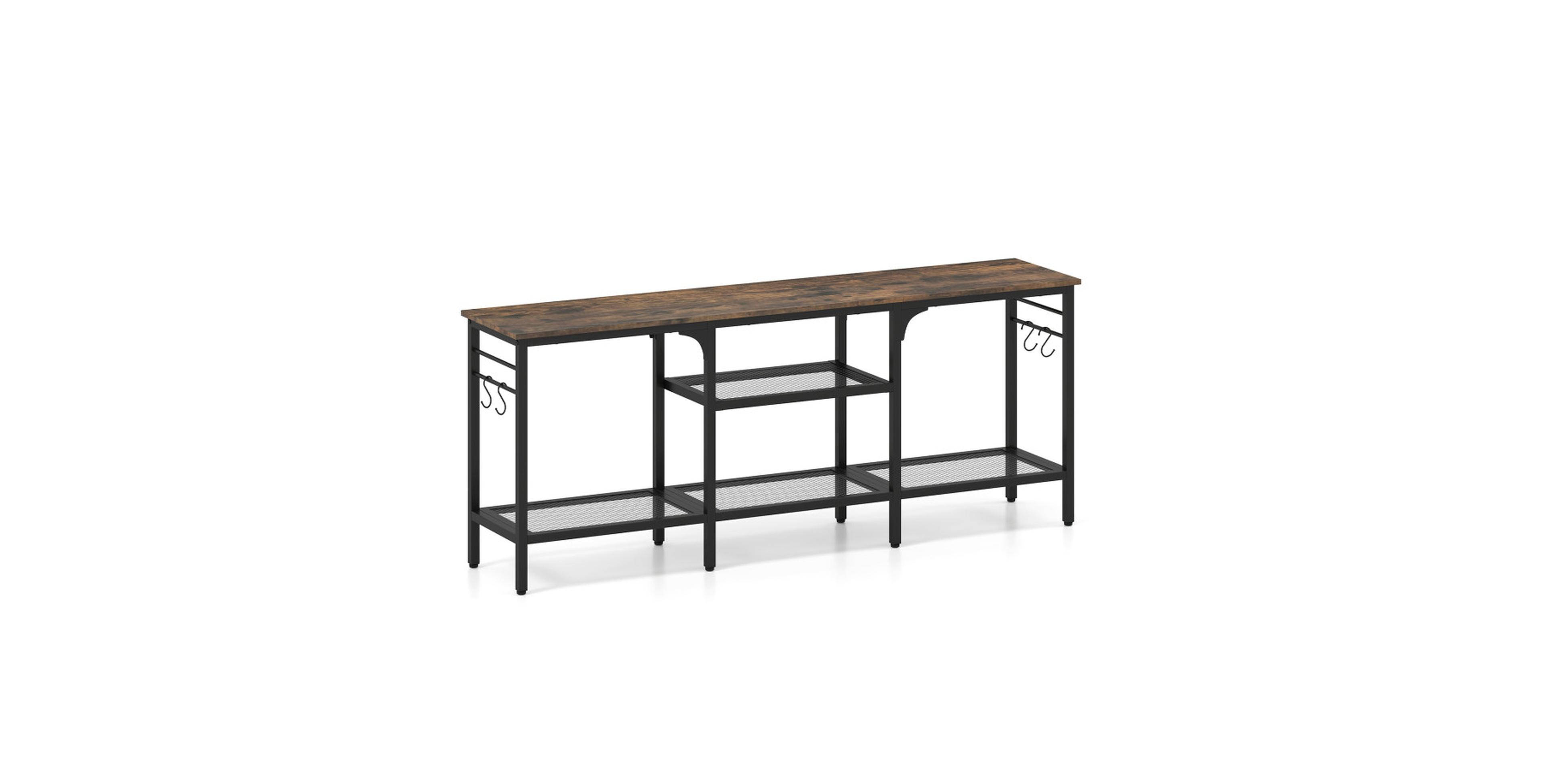Gouun Industrial Tv Stand with Open Shelves and Storage Hooks