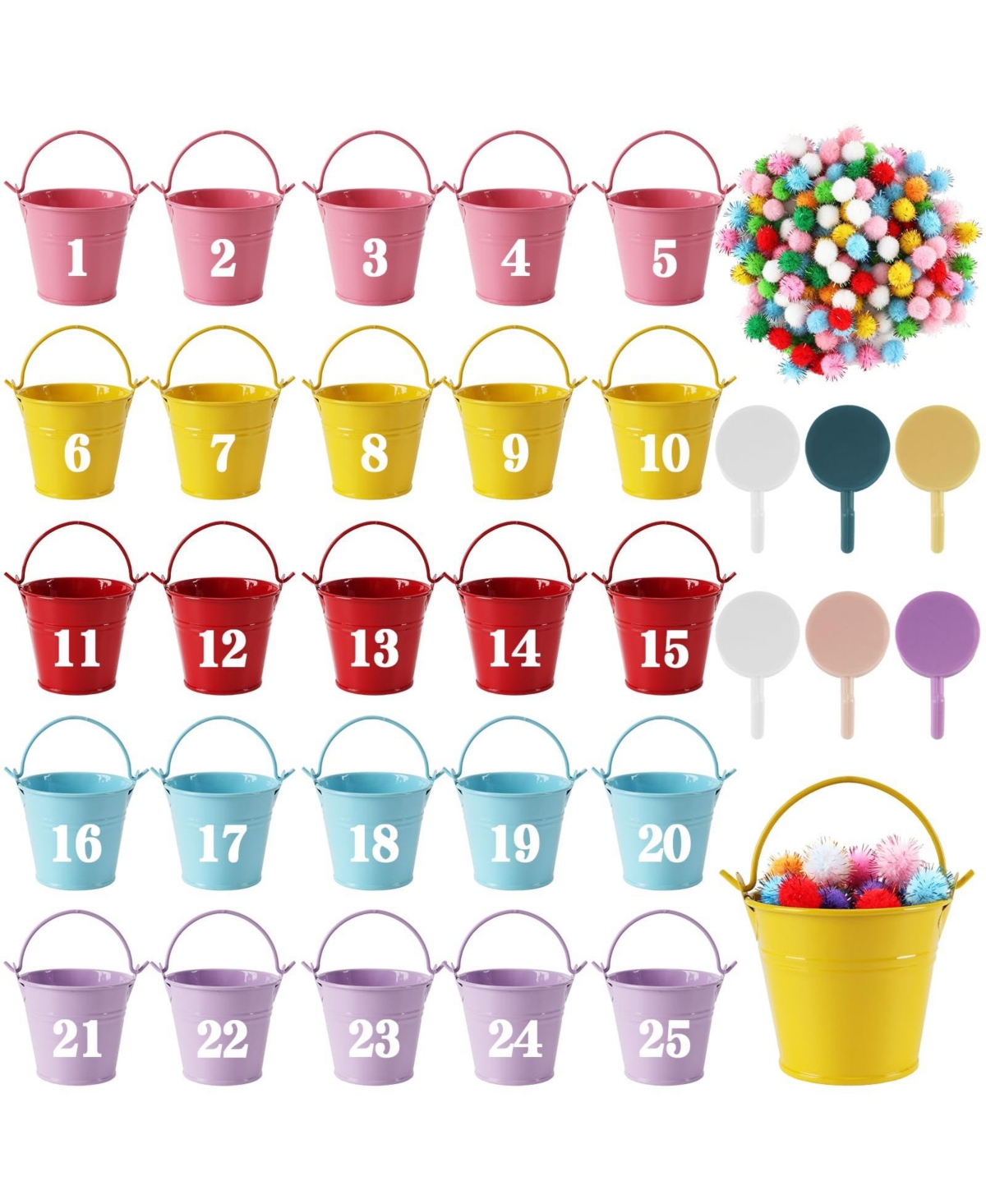 Four Candies 25 Sets Classroom Management Reward Buckets Kit Pom Poms Stickers Hooks