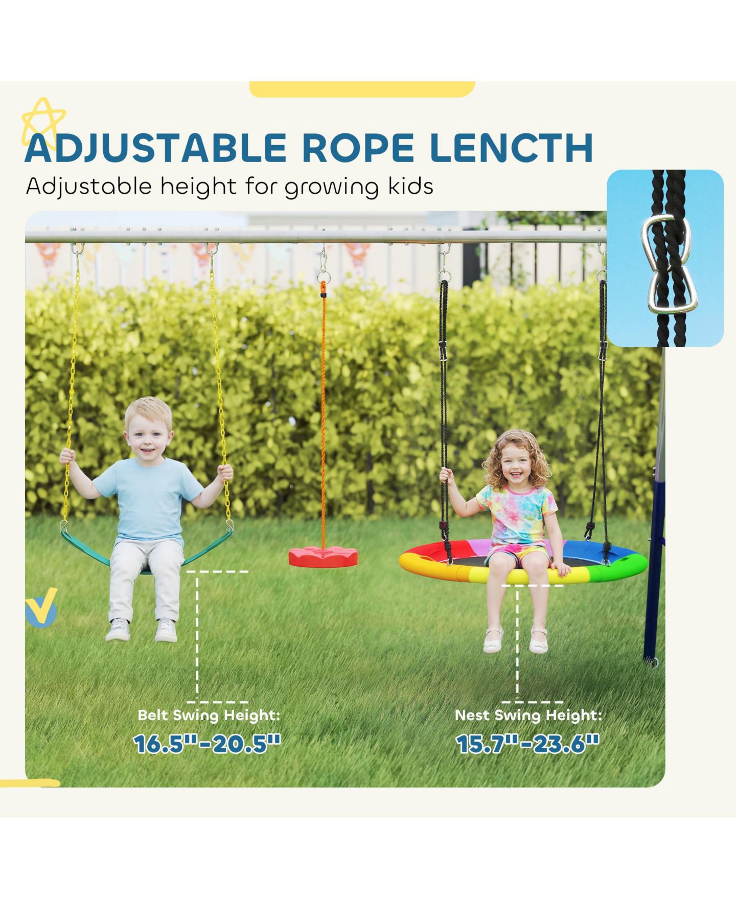 Детские игрушки Glintex 5-in-1 Kids Swing Set with Slide, Nest Swing, Belt Swing, Glider, Standing Swing, Steel A-Frame, 771 lbs Capacity, Ages 3–8, цвет: Разноцветный — фото 6