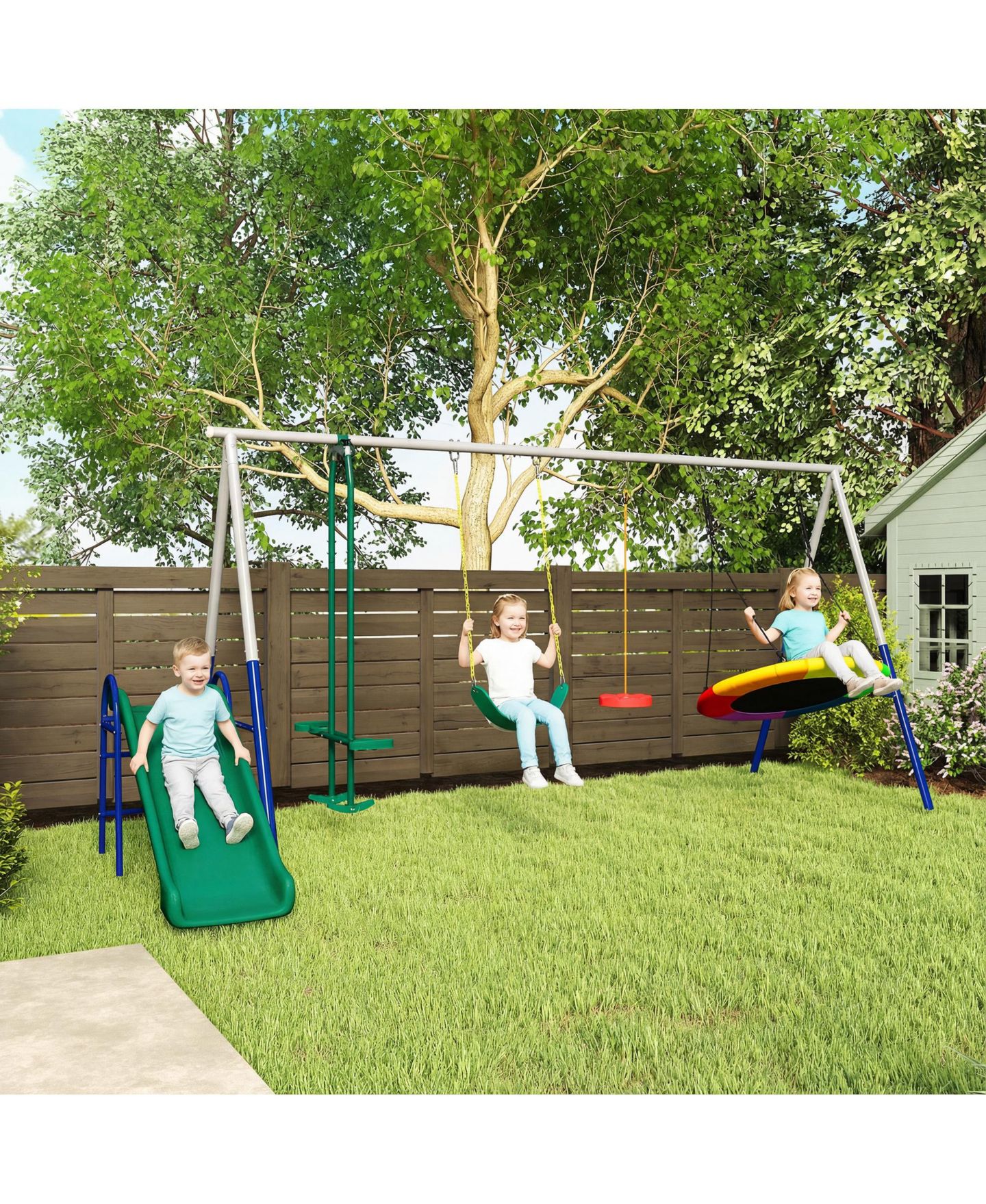 Детские игрушки Glintex 5-in-1 Kids Swing Set with Slide, Nest Swing, Belt Swing, Glider, Standing Swing, Steel A-Frame, 771 lbs Capacity, Ages 3–8, цвет: Разноцветный — фото 9