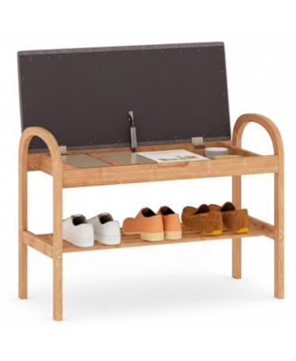 2 Tier Bamboo Shoe Bench with Storage and Padded Cushion