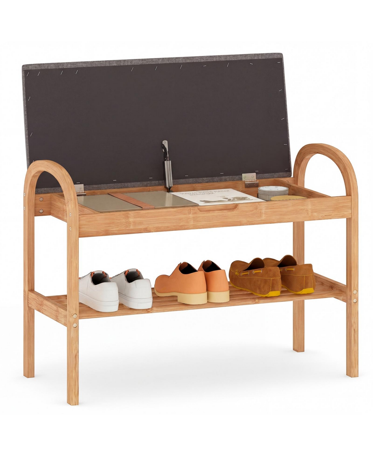 Mecale 2 Tier Bamboo Shoe Bench with Storage and Padded Cushion