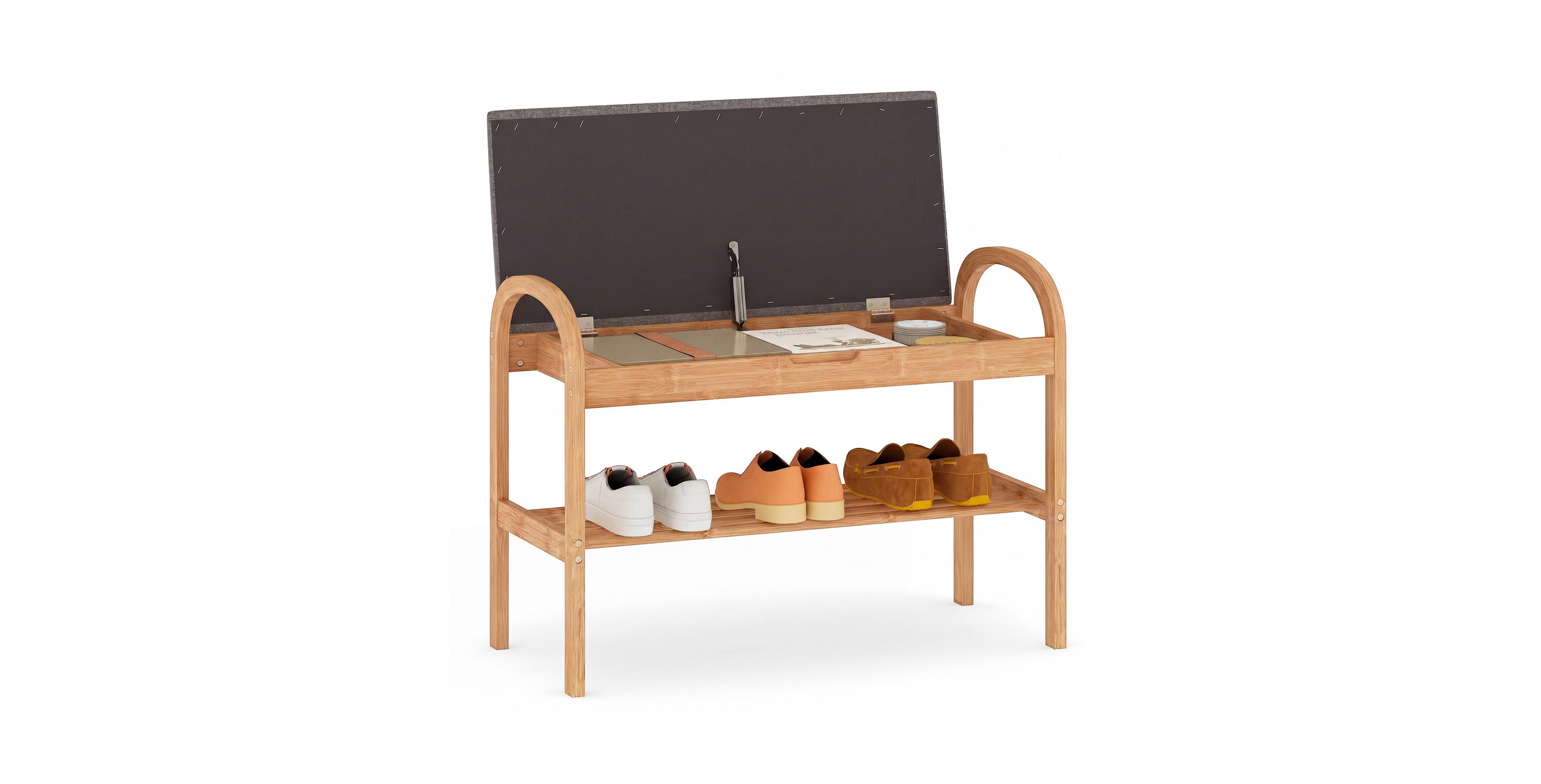 Mecale 2 Tier Bamboo Shoe Bench with Storage and Padded Cushion