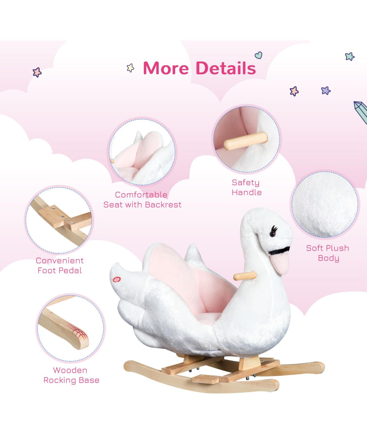 Детская мягкая игрушка Glintex Rocking Swan Plush Rocker with Music, Ages 18 Months+, цвет: Белый / Розовый — фото 5