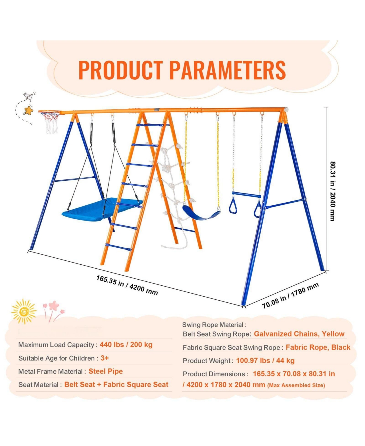 Glintex 6-in-1 Metal A-Frame Swing Set with 2 Swings, Trapeze Bar, Climbing Ladder, Climbing Net & Basketball Hoop, 440 lb Capacity, Ages 3-12
