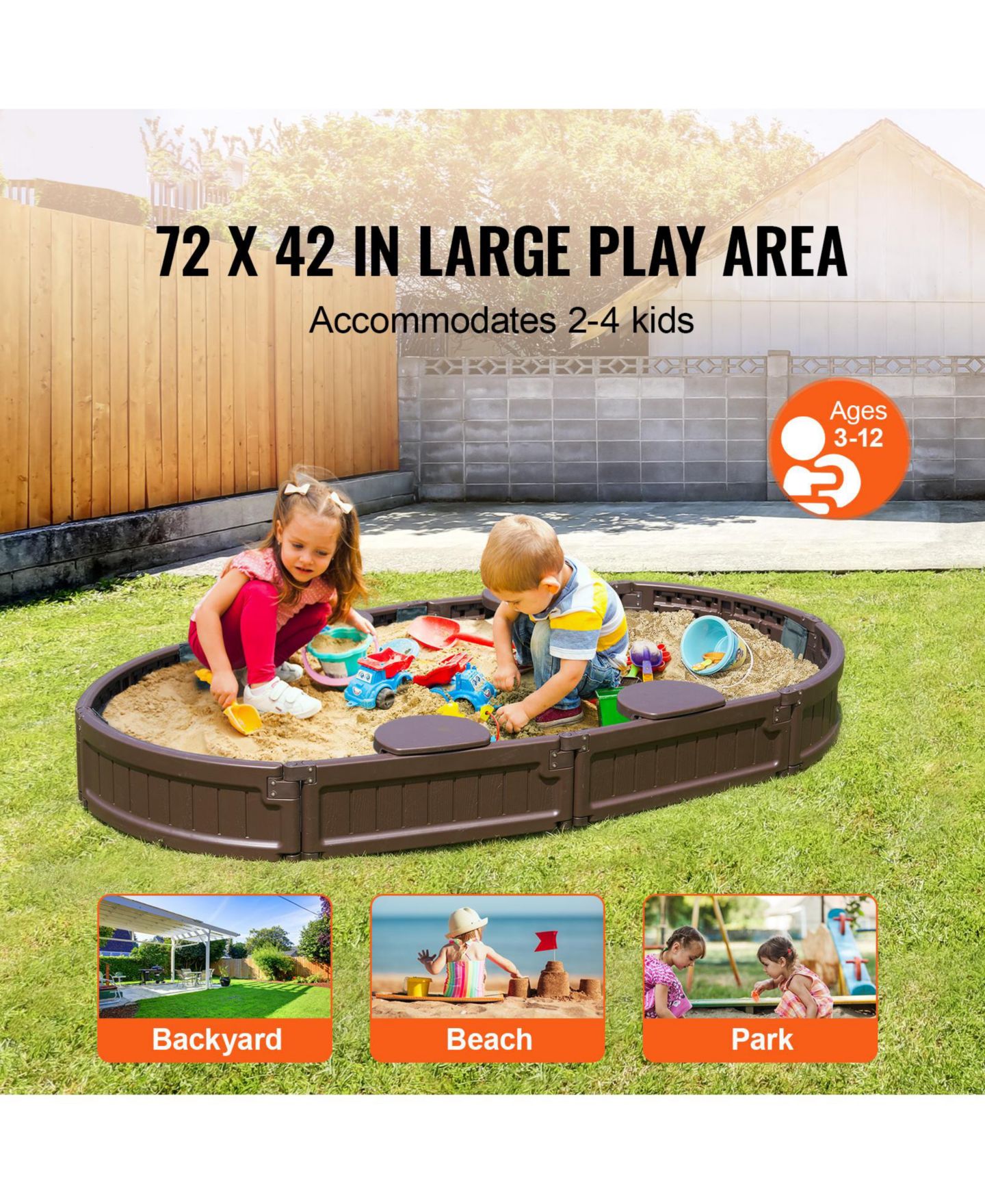 Детская игрушка Glintex 72 x 41.5 in Oval Kids Sandbox with 4 Corner Seats, Cover & Liner, Ages 3-12, цвет: Коричневый — фото 2