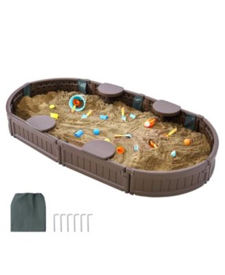72 x 41.5 in Oval Kids Sandbox with 4 Corner Seats, Cover & Liner, Ages 3-12