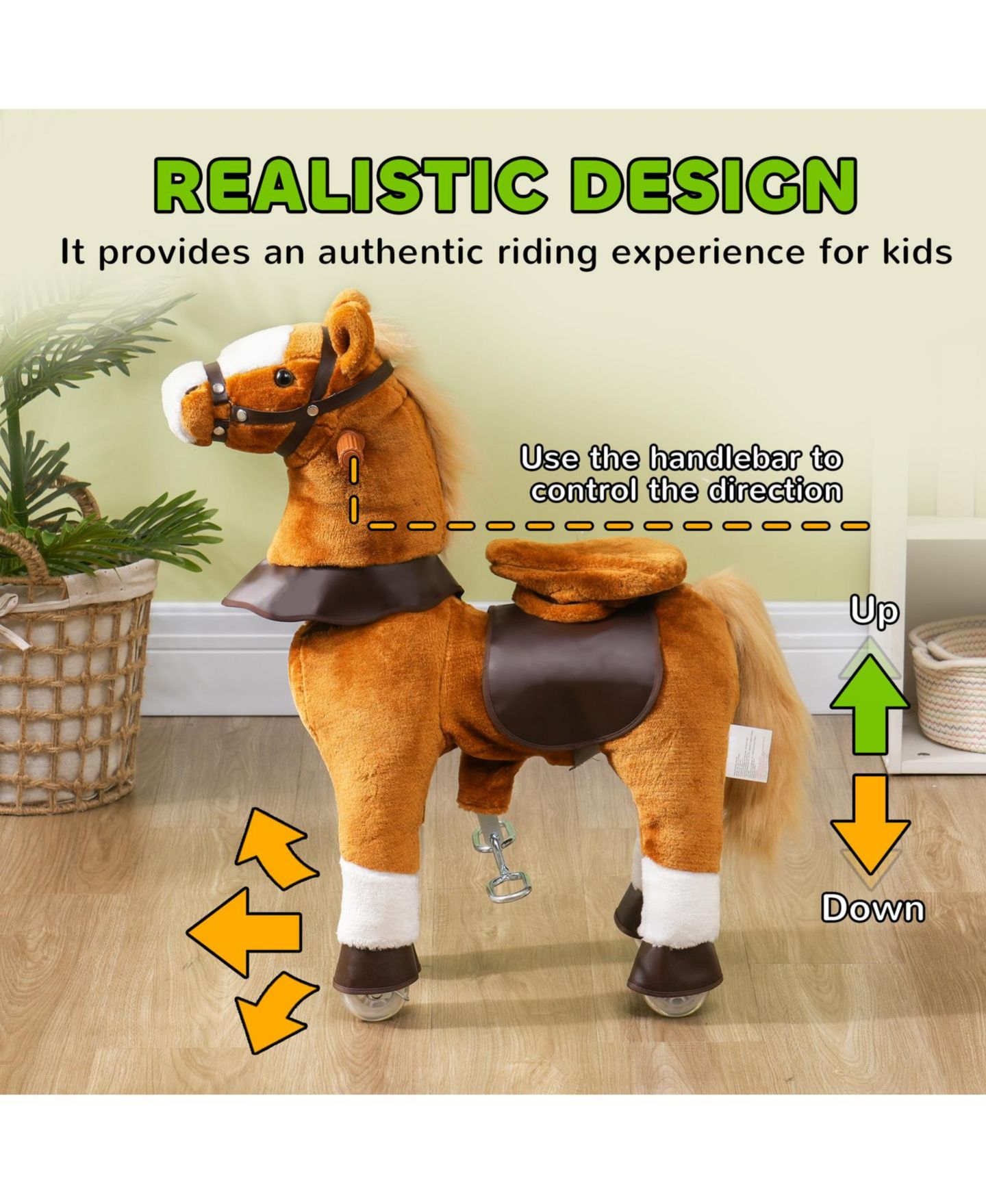 Детская мягкая игрушка Glintex Ride On Walking Horse Plush Foot-Powered Toy with Neighing Sound and 132-lb Capacity, Ages 3-5, цвет: Коричневый — фото 4