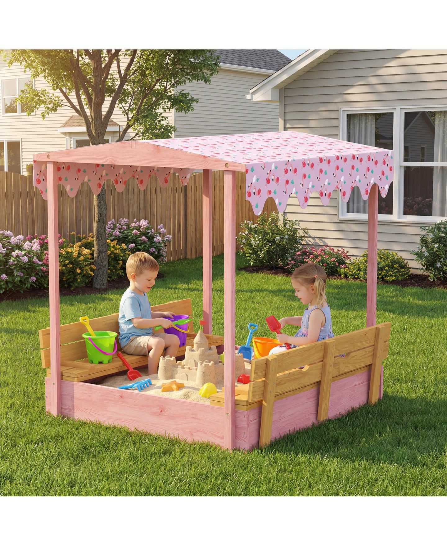 Детская игрушка Glintex Wooden Kids Sandbox with Flamingo Print Canopy and Fold-Down Bench Cover, 53"L x 50.2"W x 51.2"H, Ages 3-6, цвет: Розовый — фото 2