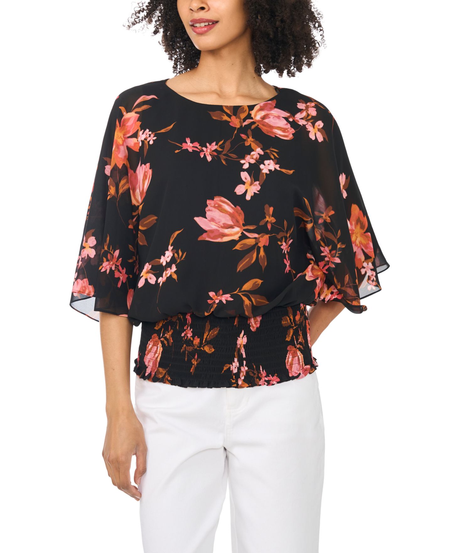 Женская блузка Sam & Jess Dolman Sleeve Floral-Print Smocked-Band, цвет: Насыщенный чёрный — фото 6