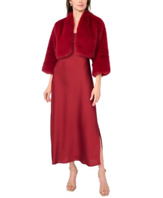 Women's Satin Slip Dress and Faux Fur Jacket, 2-Piece Set