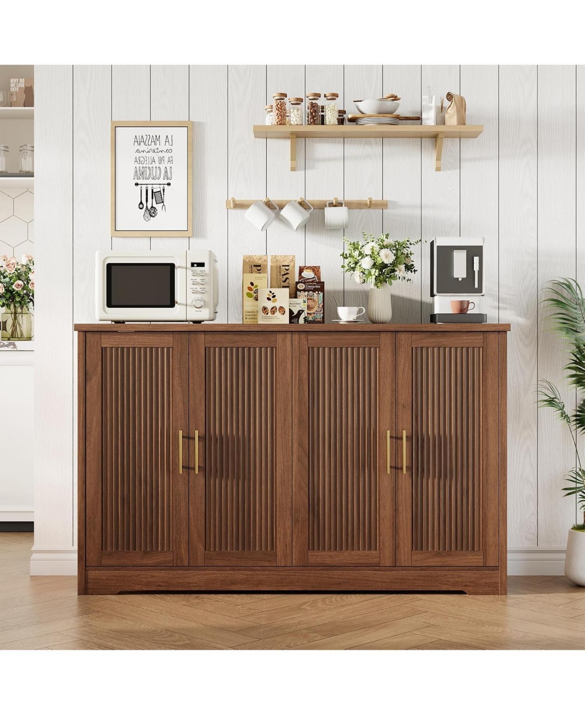 homfan 55.5" Fluted Sideboard Buffet Cabinet, Modern Kitchen and Dining Room Storage with Adjustable Shelves