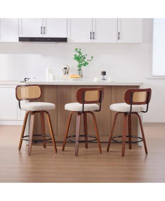 Rattan Cane Back Counter Height Stools Set of 3, Swivel Counter Stools with Upholstered Seat, Kitchen Island Stools