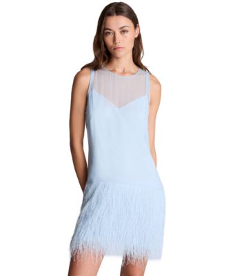 Women's Fringed Faux Fur Mini Chiffon Boat Neck Shift Dress