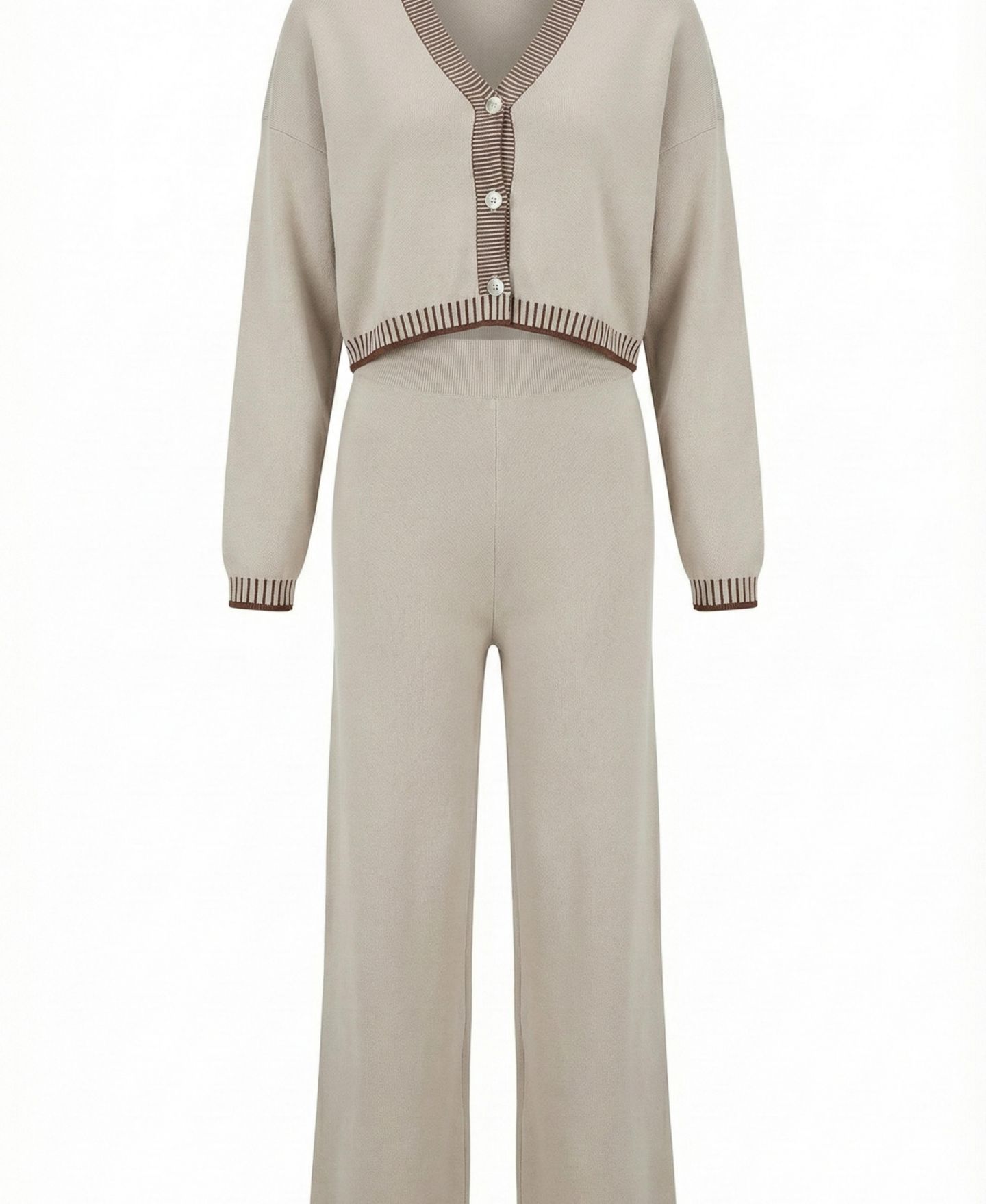 Женский комплект Modenaire Knit Contrast-Trim V-Neck Cropped Cardigan and Wide-Leg Pants, 2-Piece Set, цвет: Бежевый — фото 6