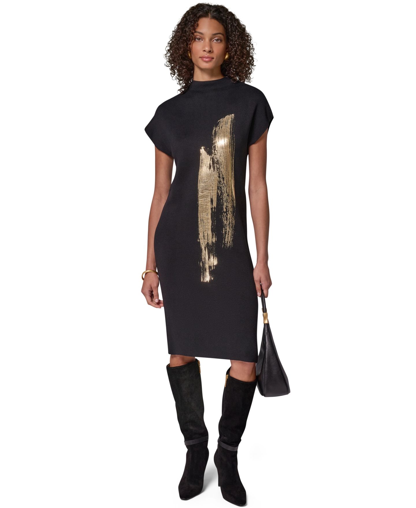 Женское платье Donna Karan New York Petite Gold-Tone Velvet Burnout Sweater Dress, цвет: Чёрный / Золотой разноцветный — фото 3