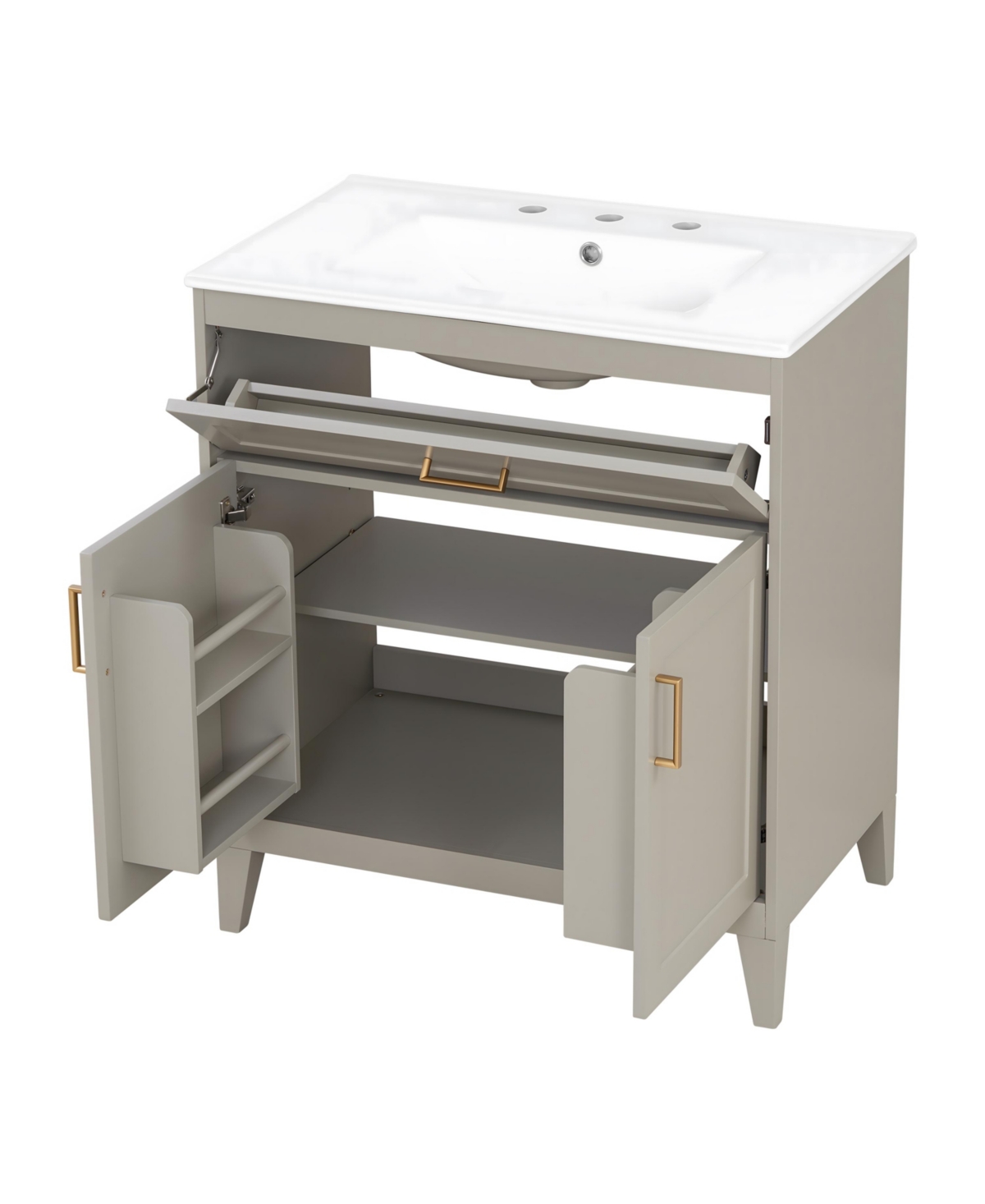 Thirtypeachy 30 Inch Freestanding Bathroom Vanity, Mdf Cabinet with Solid Wood Legs, Ceramic Integrated Sink, Tip-Out Drawer, Assembly Required