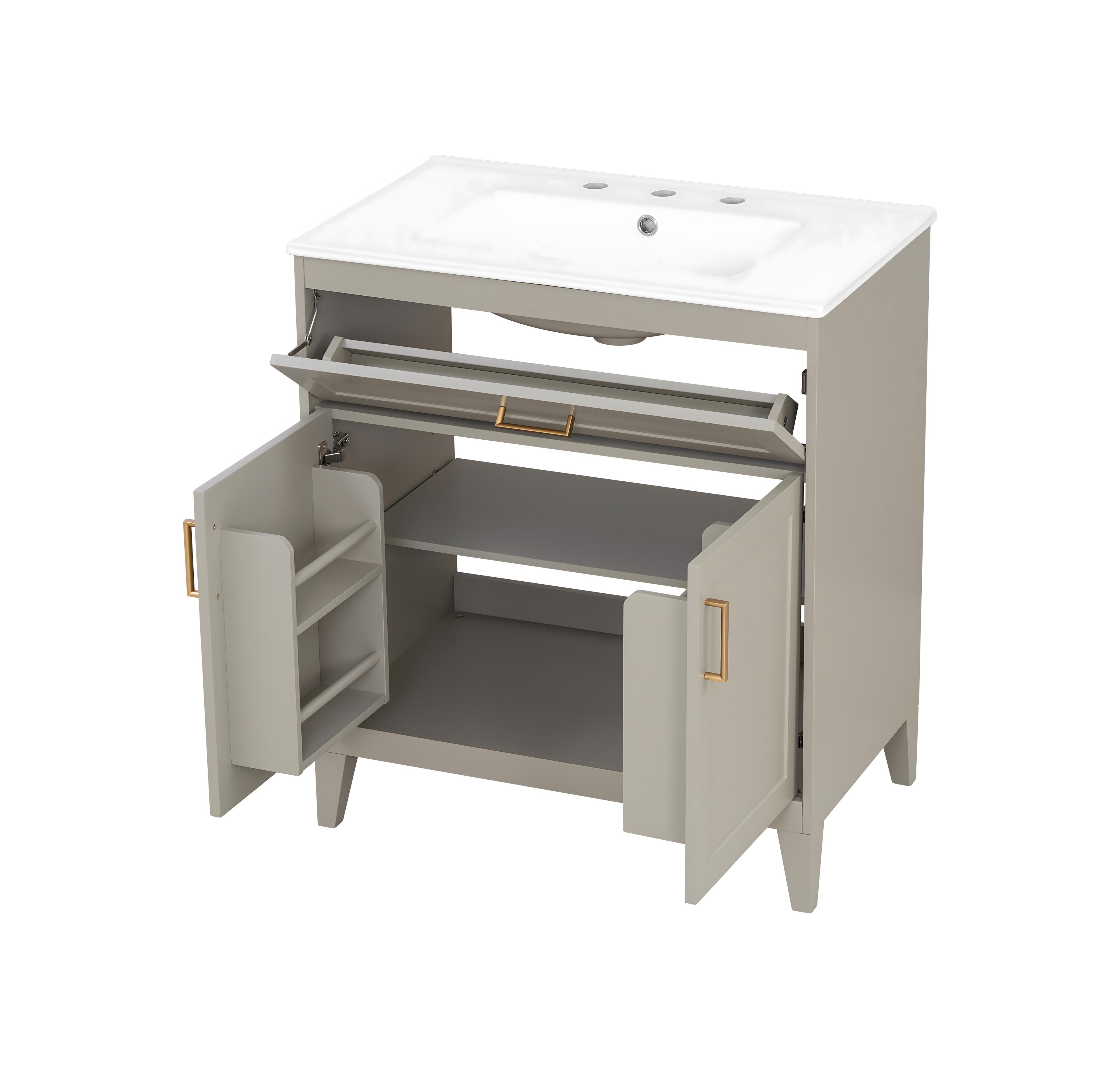 Thirtypeachy 30 Inch Freestanding Bathroom Vanity, Mdf Cabinet with Solid Wood Legs, Ceramic Integrated Sink, Tip-Out Drawer, Assembly Required