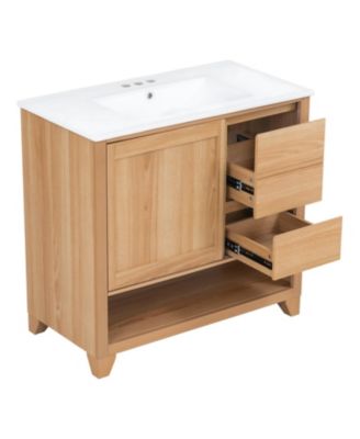 36'' Freestanding Bathroom Vanity with Ceramic Sink, Soft-Close Drawers, Sliding Door and Open Shelf, Assembly Required