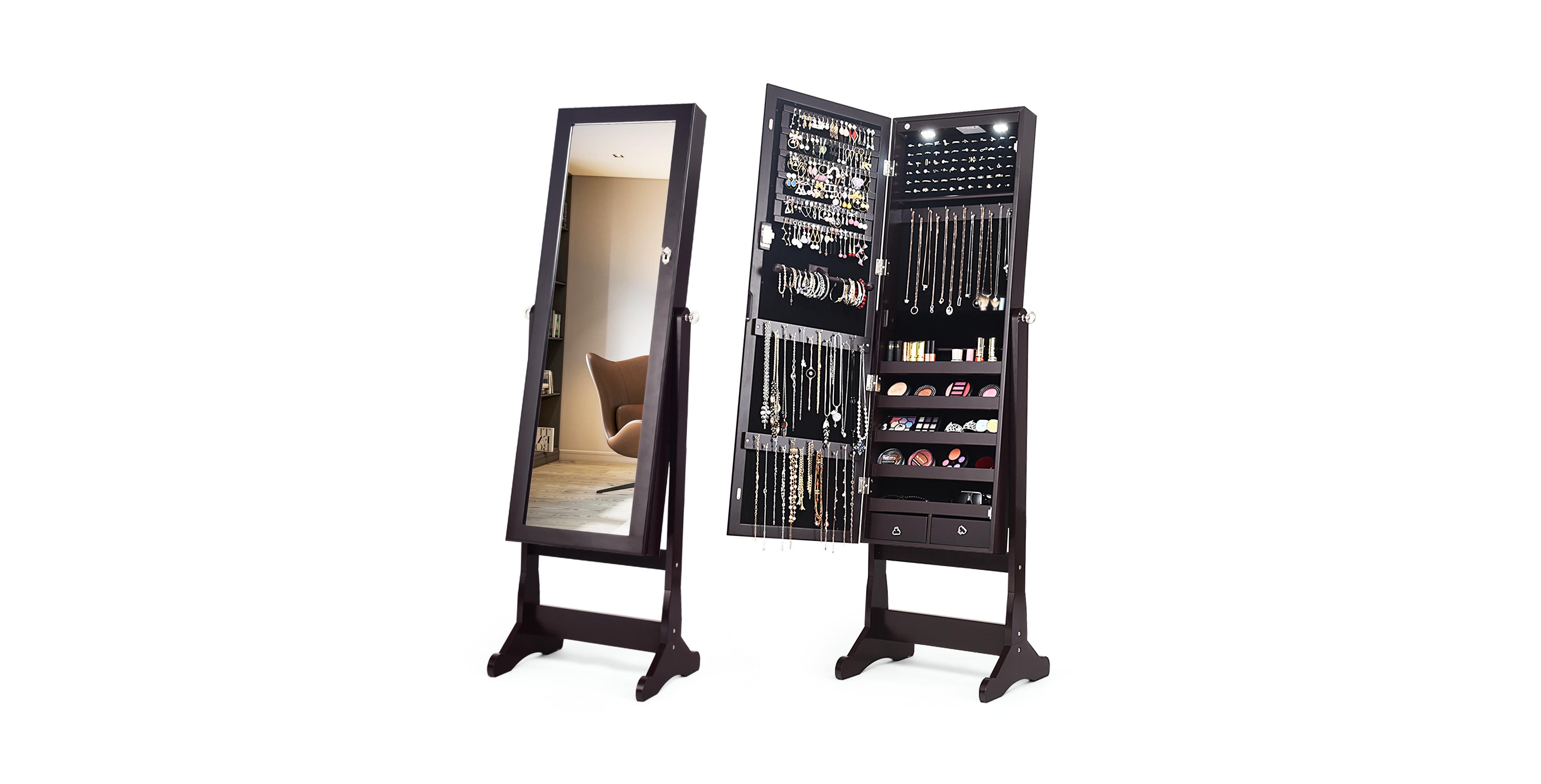 Mecale Lockable Mirrored Jewelry Cabinet with Stand and Led Lights
