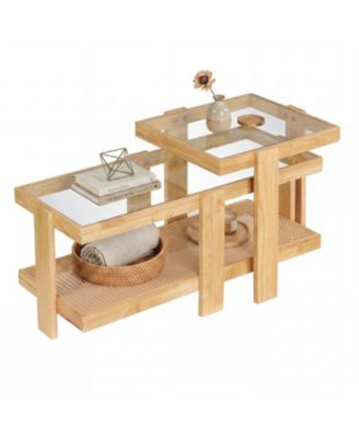 Set of 2 Nesting Coffee Table with Boho Rattan Accent Table
